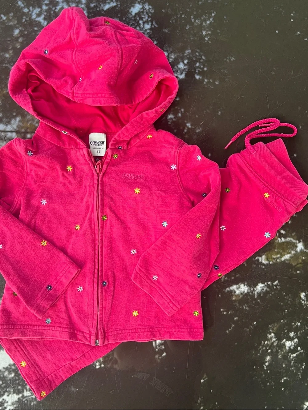 Y2K OshKosh Girls 3T 2pc Pink Floral Embroidered Zip Hoodie & Pants Set